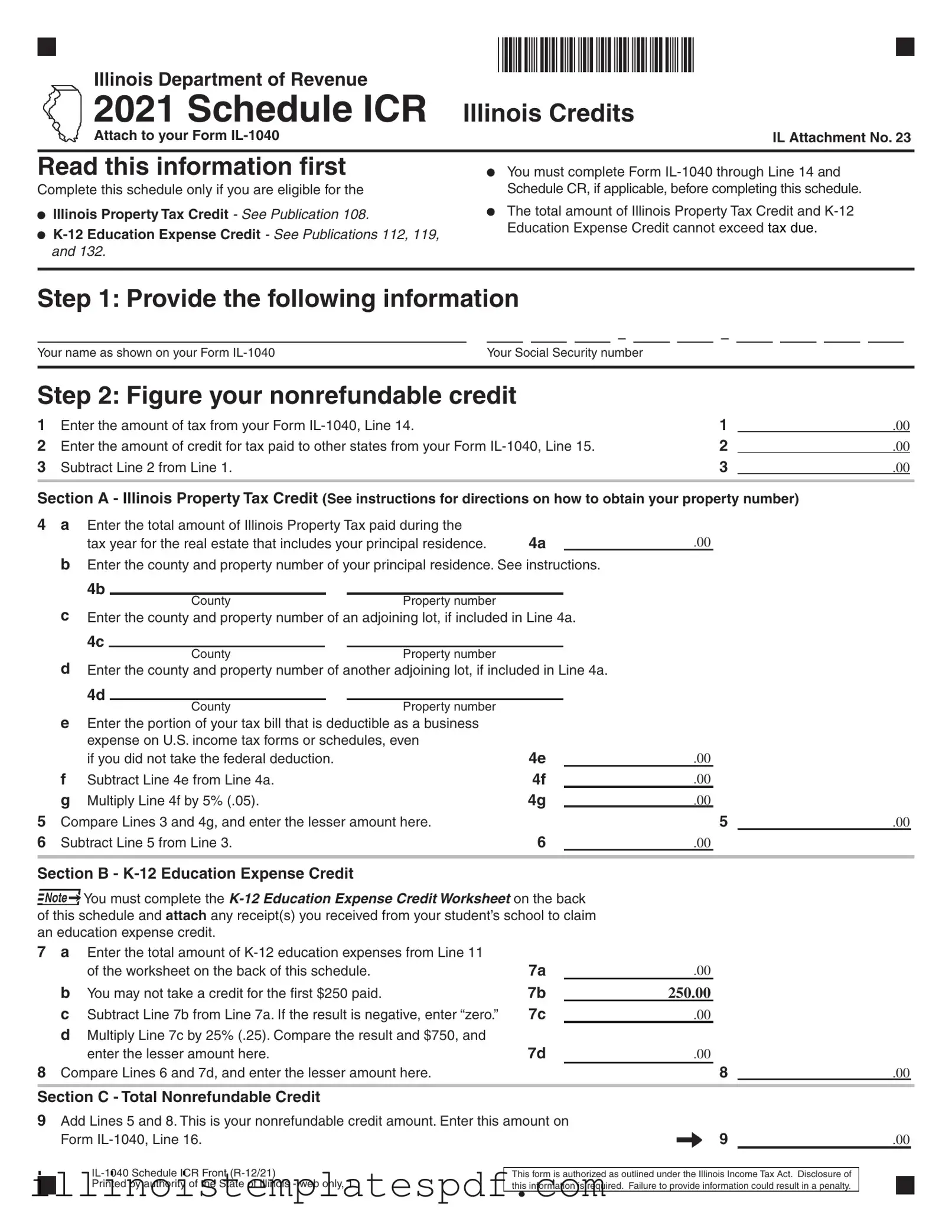 Official 2015 Illinois Schedule Icr Form in PDF