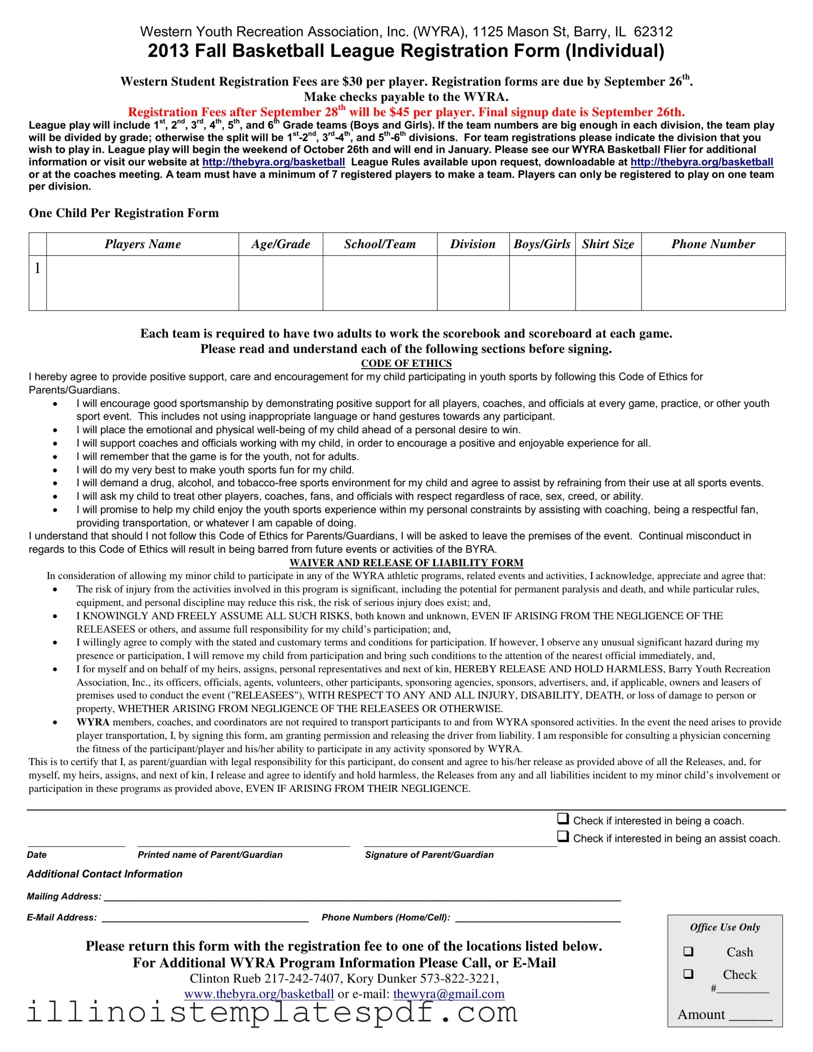 Official Barry Illinois Basketball League Form in PDF