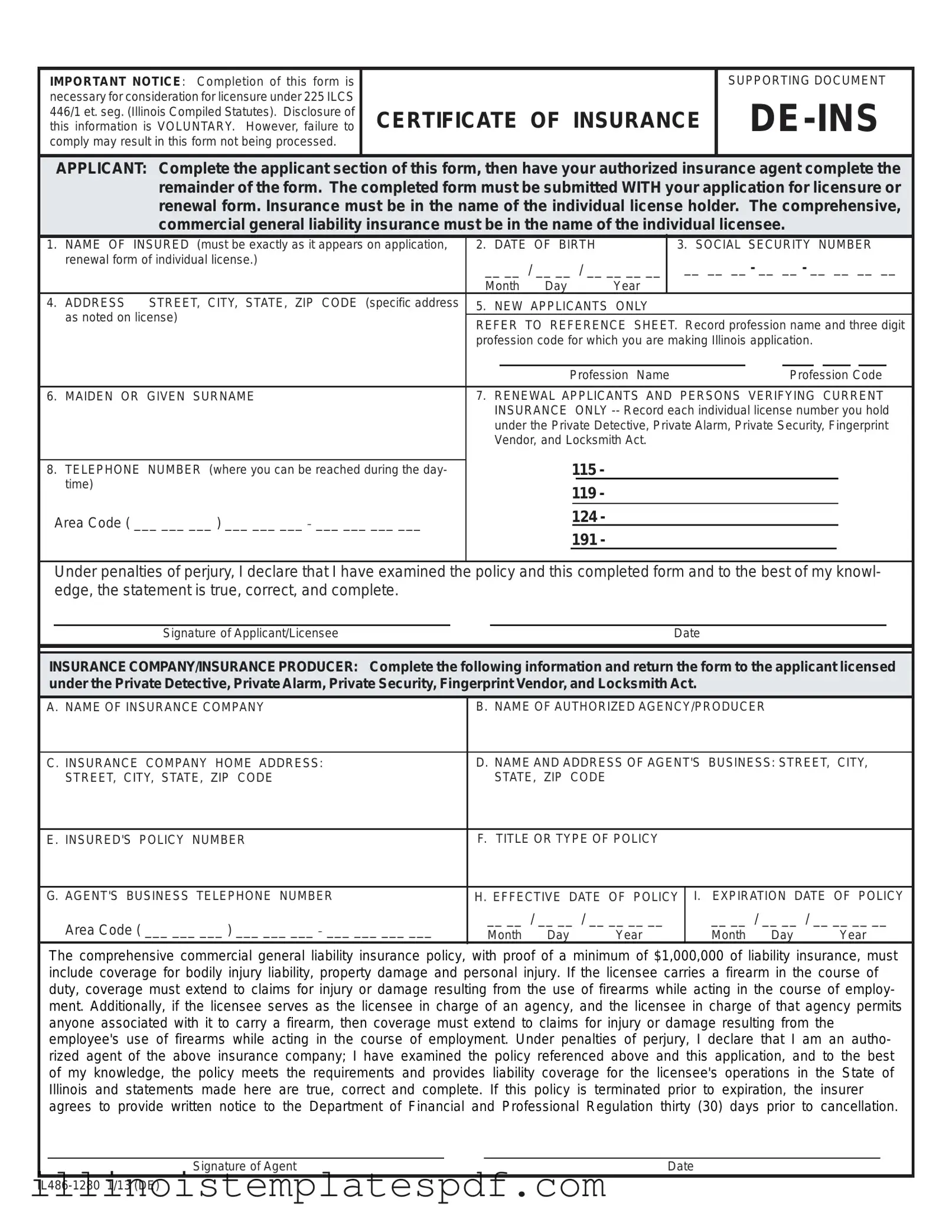 Official De Ins Illinois Form in PDF