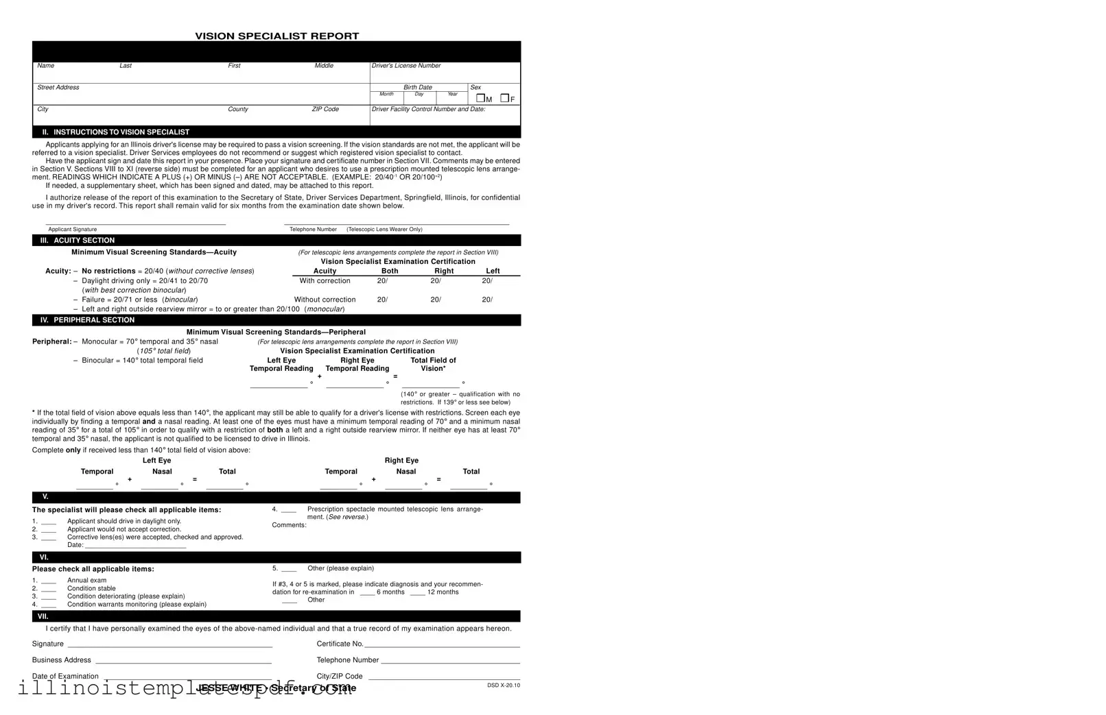 Official Dmv Vision Test Illinois Form in PDF