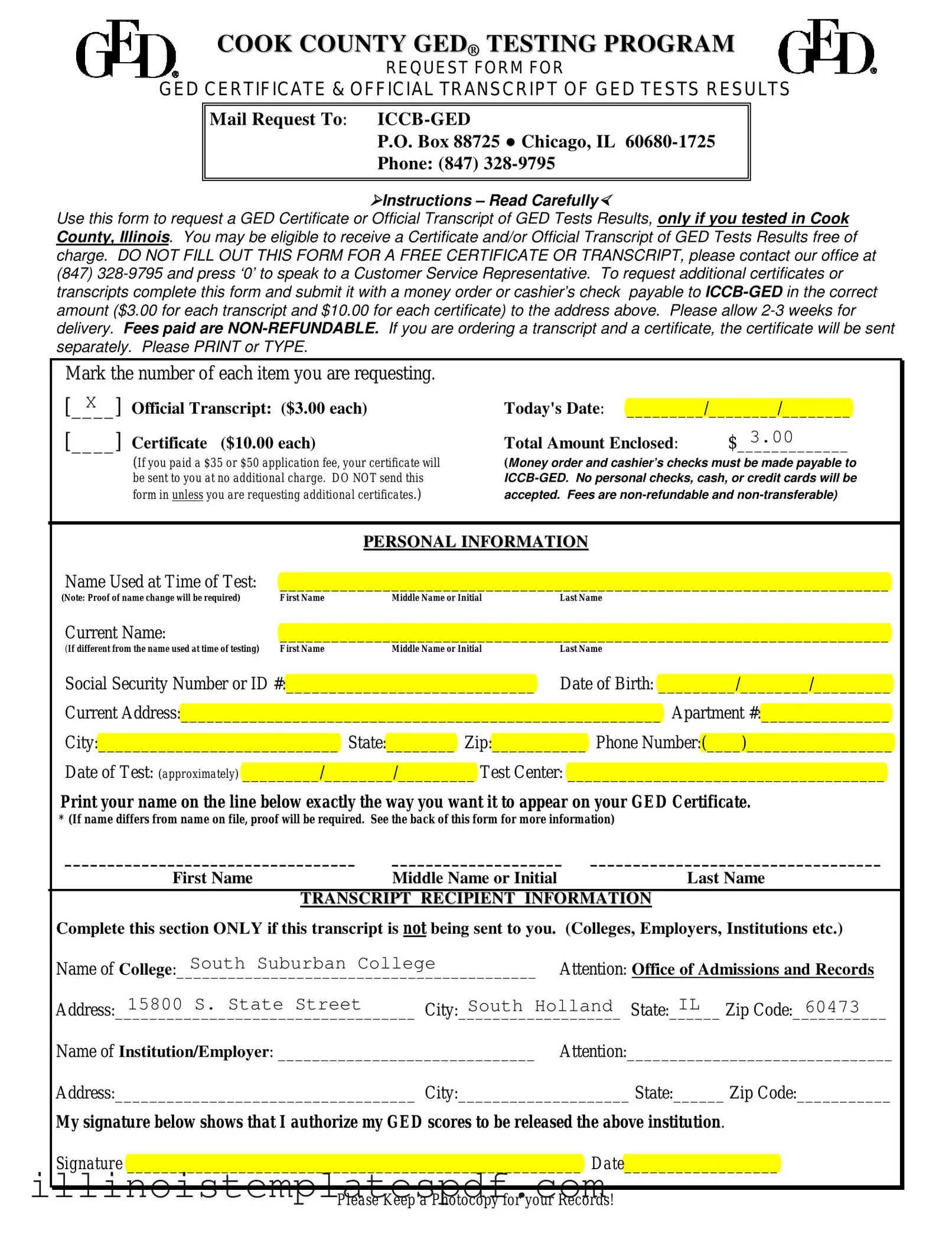 Official Ged Illinois Form in PDF