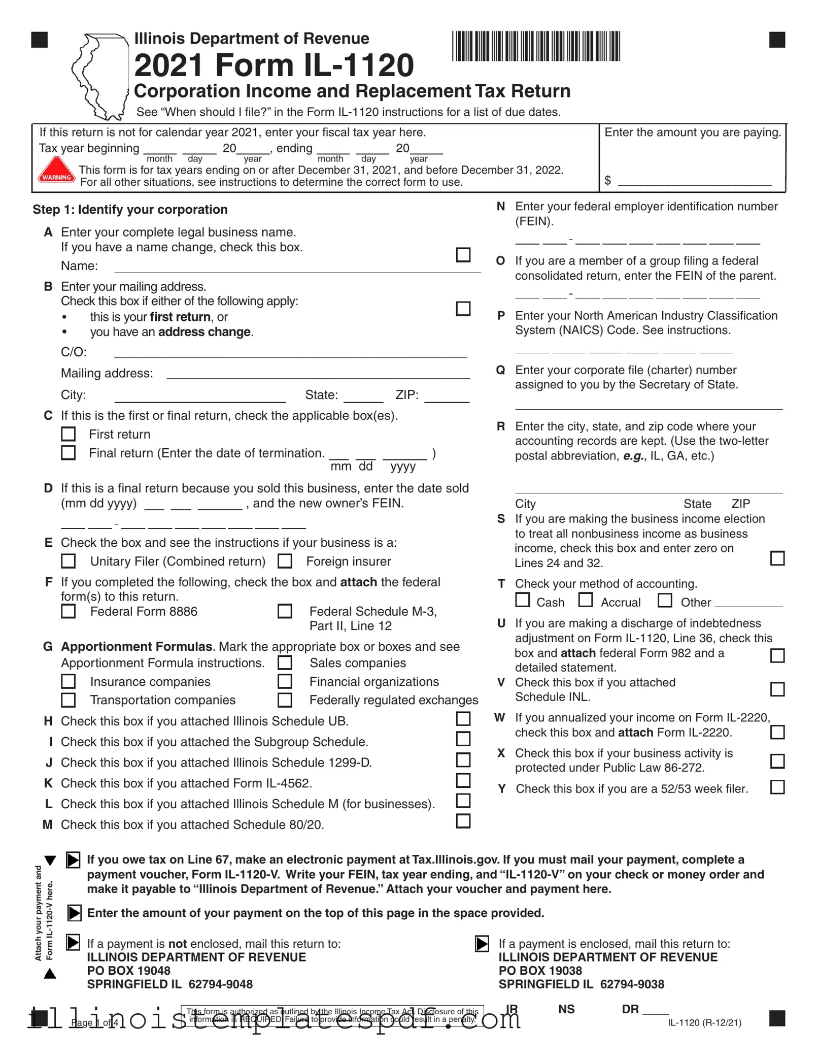 Official Illinois 1120 Form in PDF