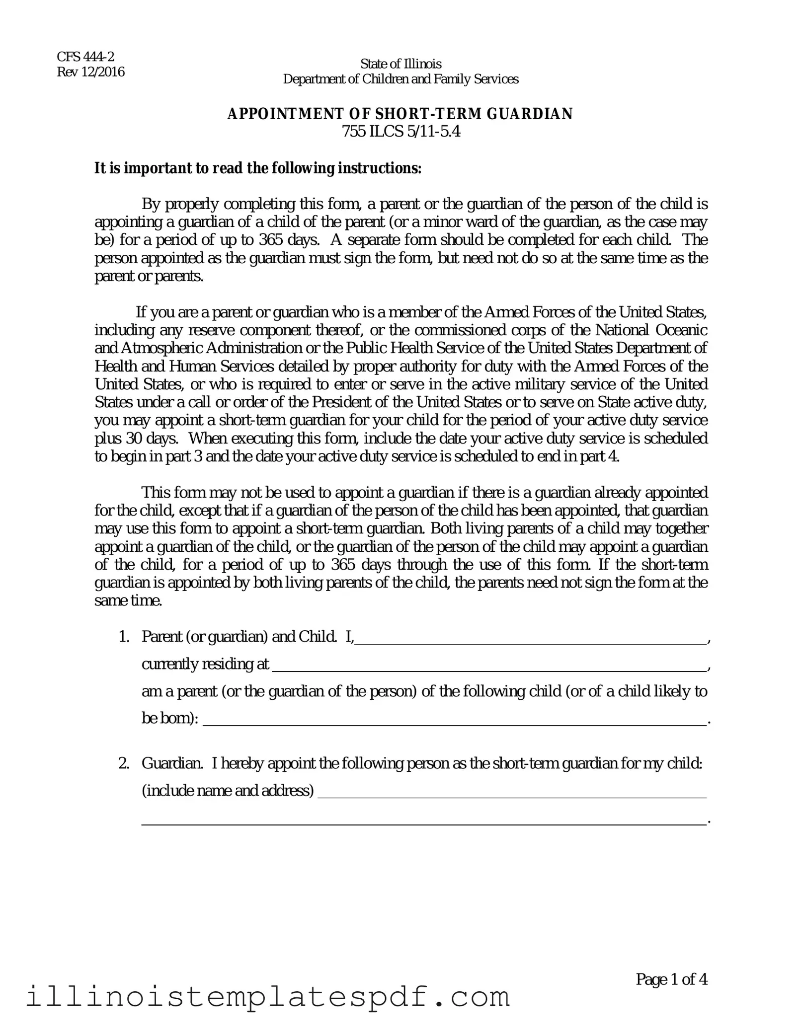 Official Illinois Appointment Short Term Guardian Form in PDF