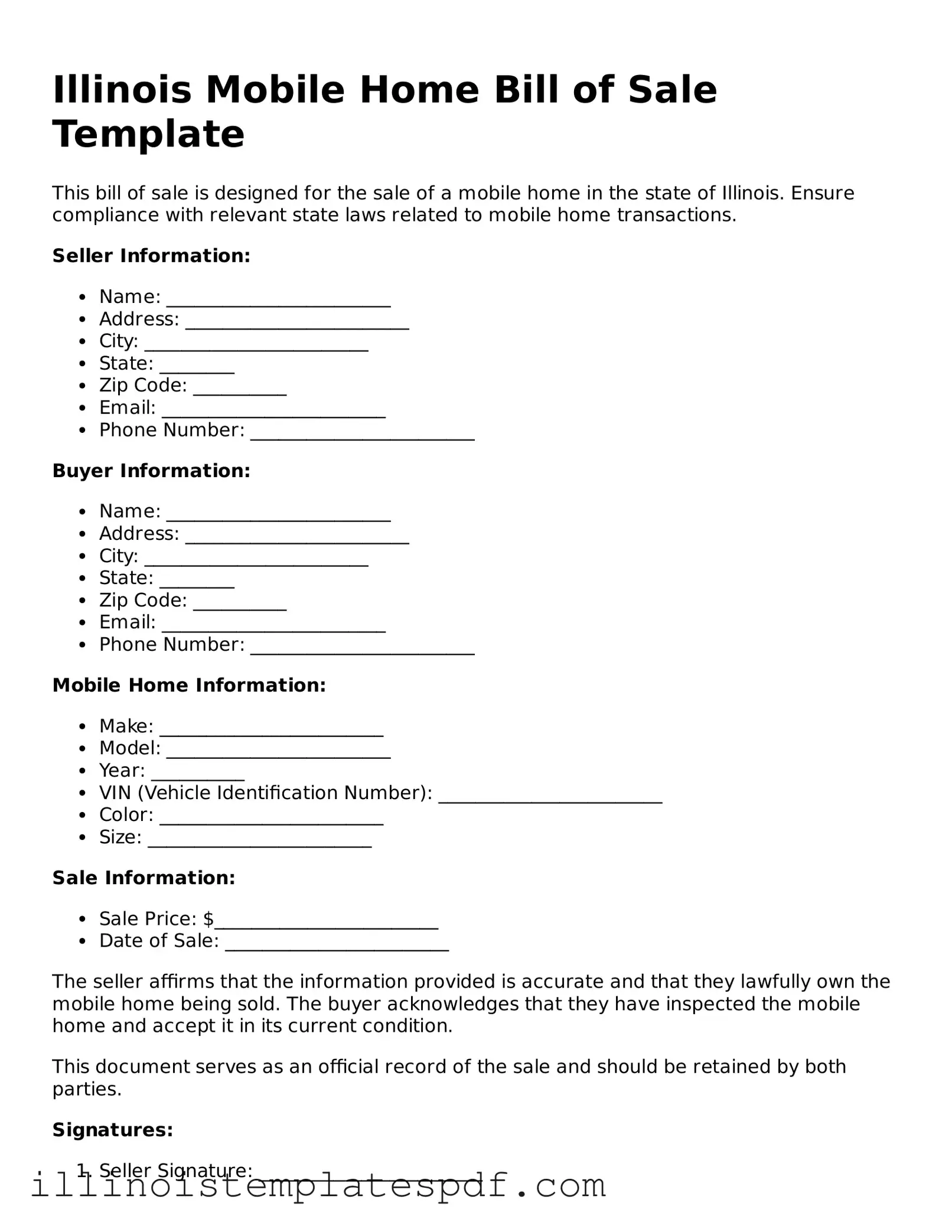 Illinois Mobile Home Bill of Sale Template