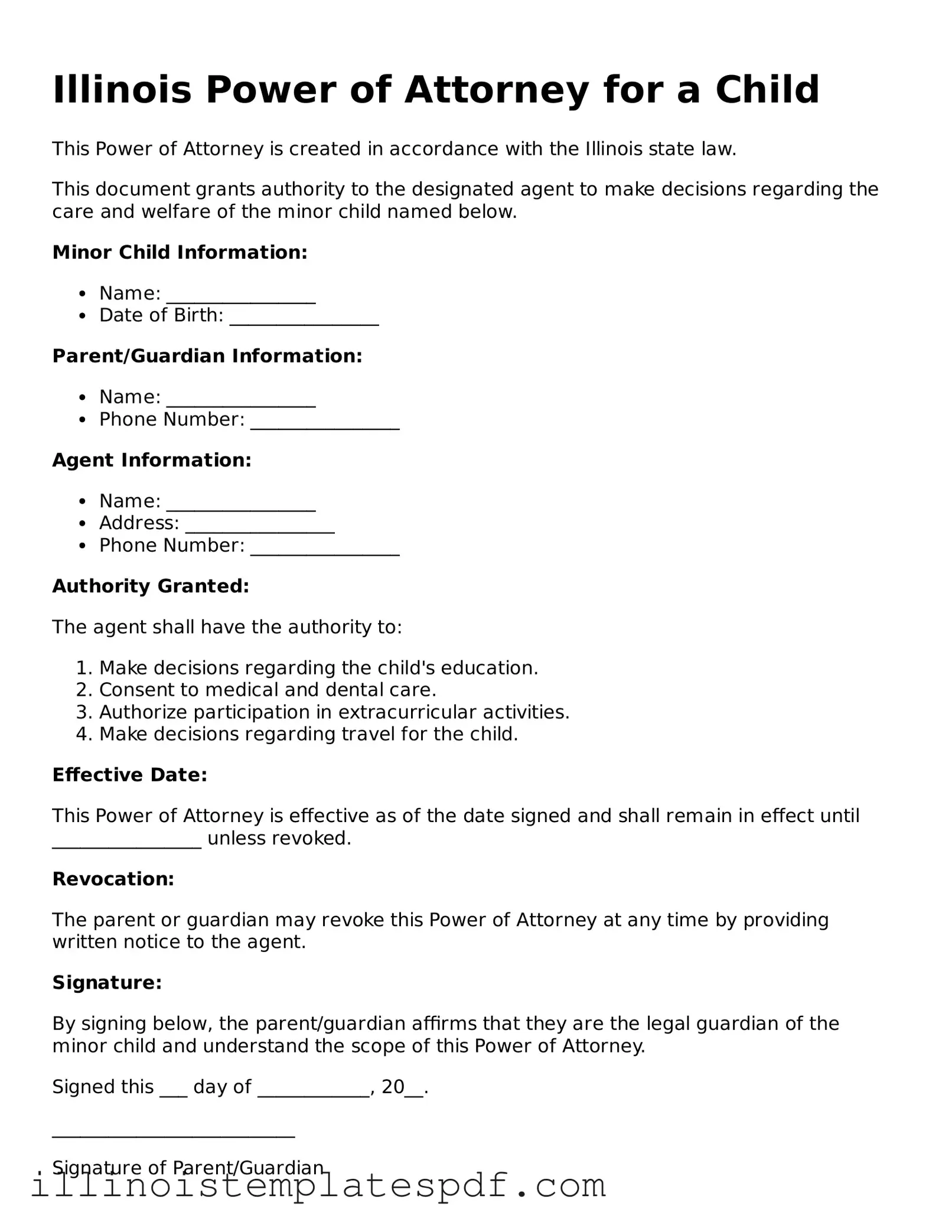 Illinois Power of Attorney for a Child Template
