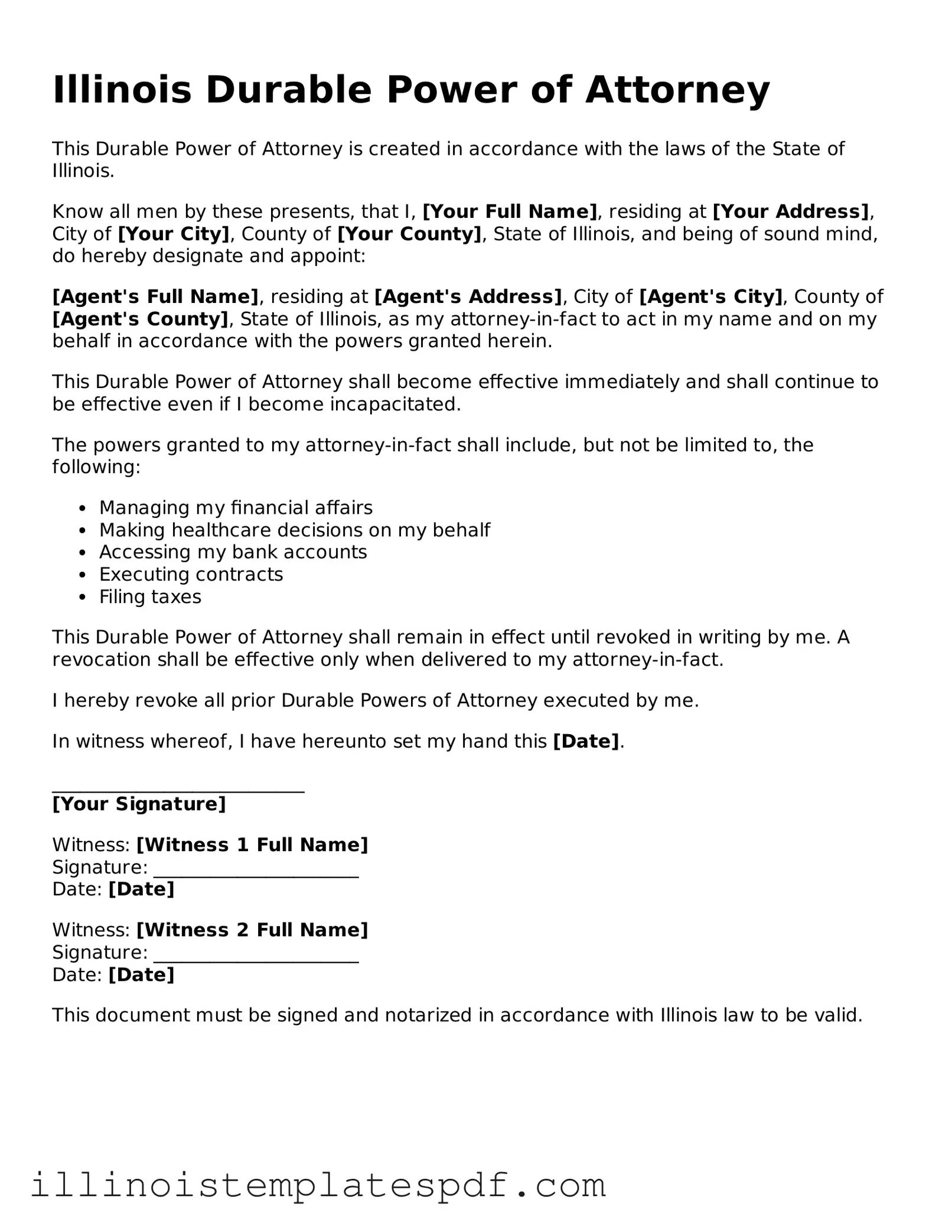 Illinois Durable Power of Attorney Template