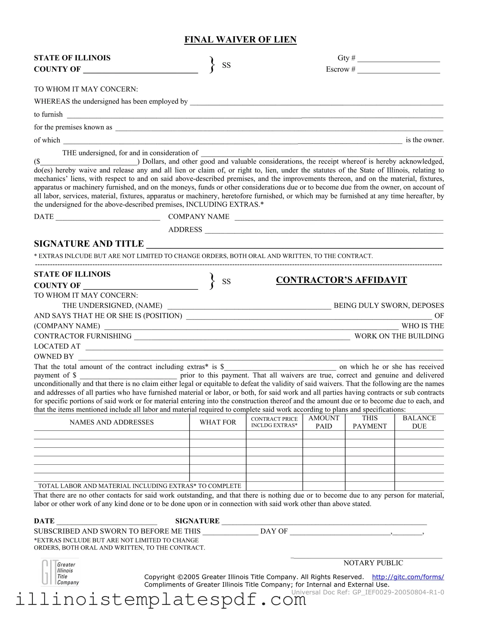 Official Illinois Final Waiver Of Lien Form in PDF