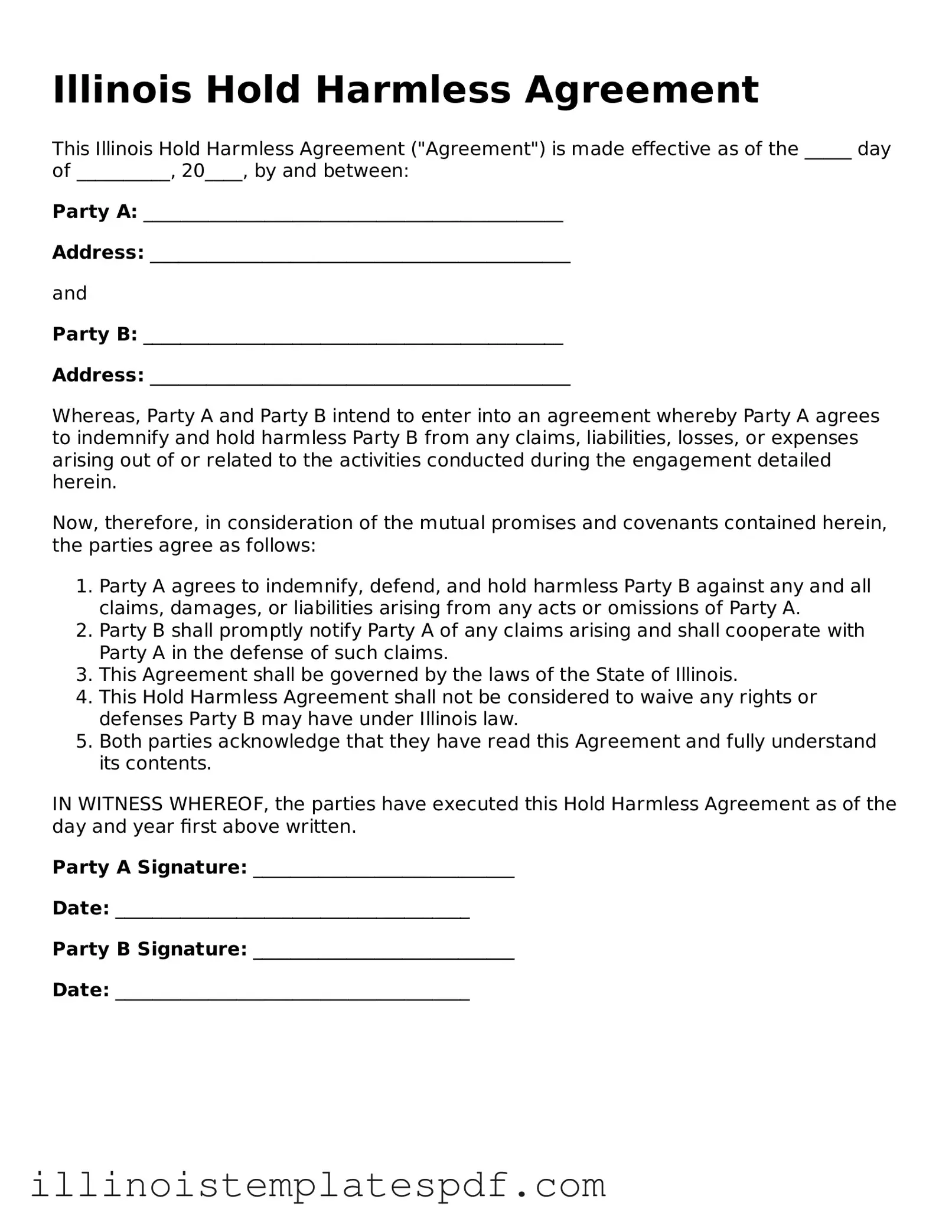 Illinois Hold Harmless Agreement Template