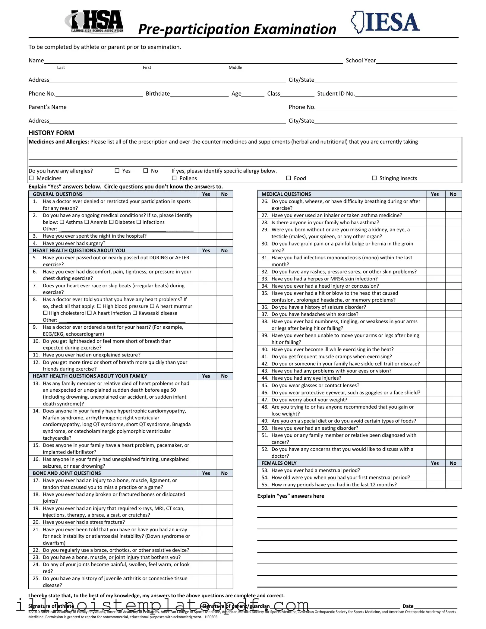 Official Illinois Pre Participation Physical Form in PDF