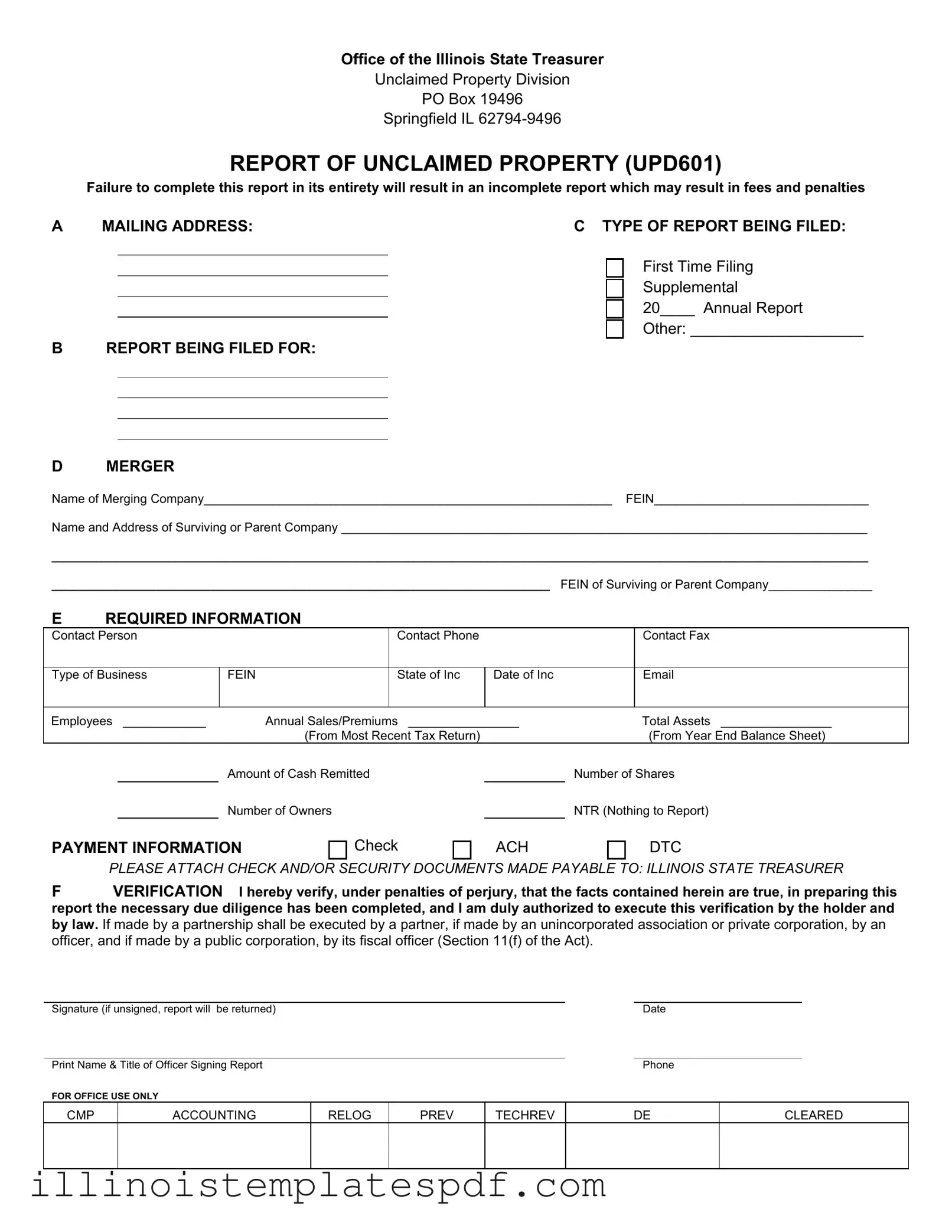 Official Illinois Unclaimed Property Reporting Form in PDF