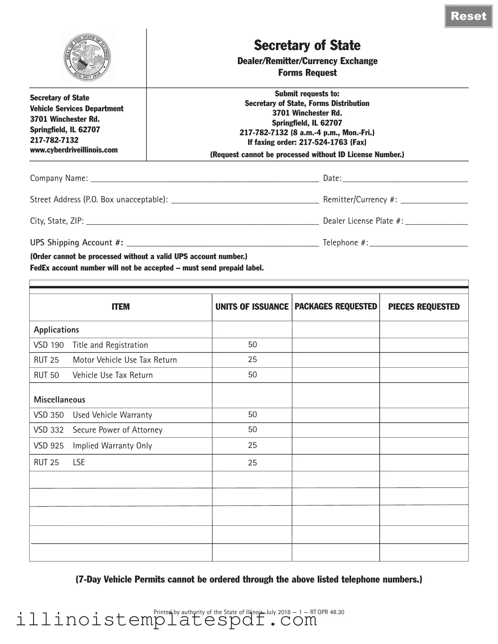 Official Illinois Vsd 190 Form in PDF