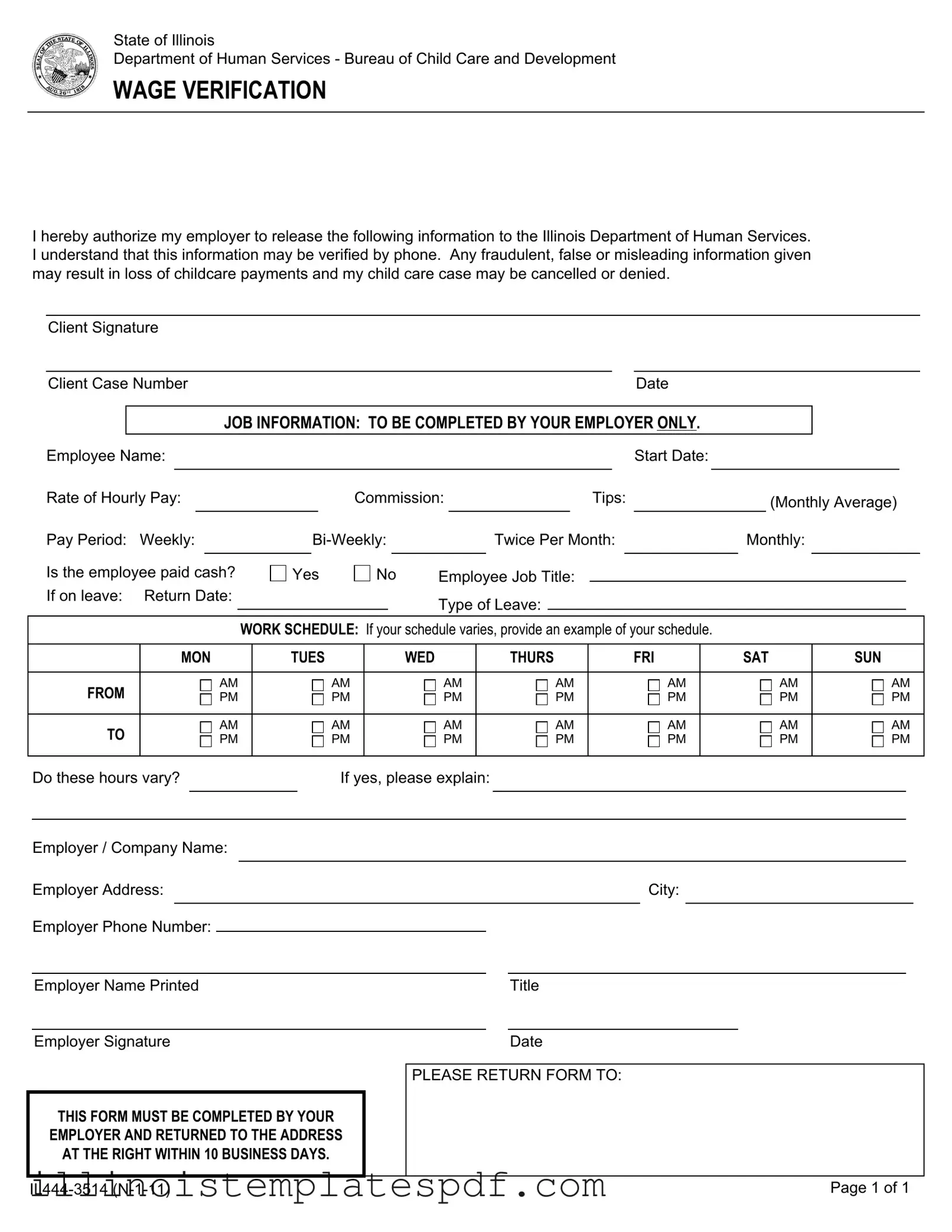 Official Illinois Wage Verification Form in PDF
