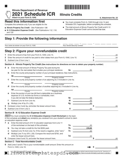 Official 2015 Illinois Schedule Icr Form in PDF